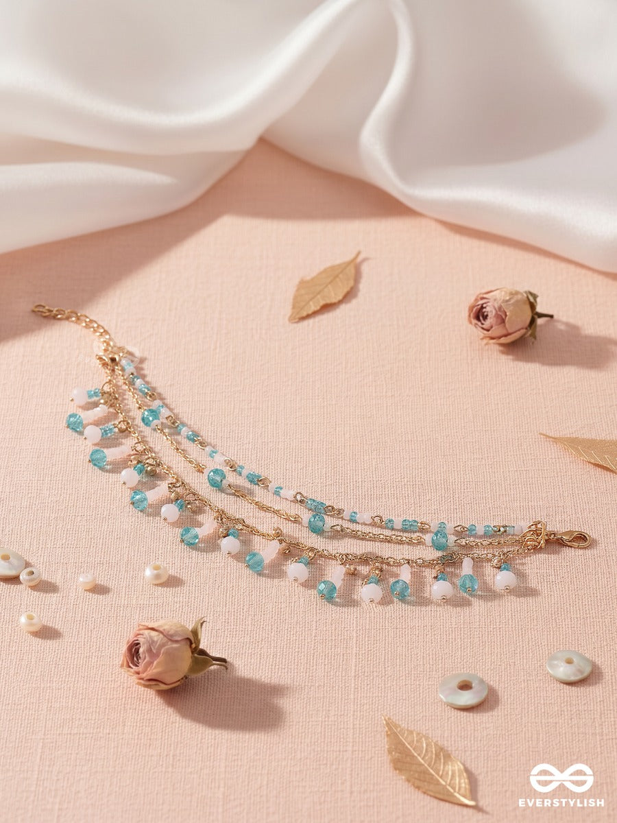 Sea Spritz – Delicate Anklet (Single) With Aqua Crystals, Pearls And Silver Charms