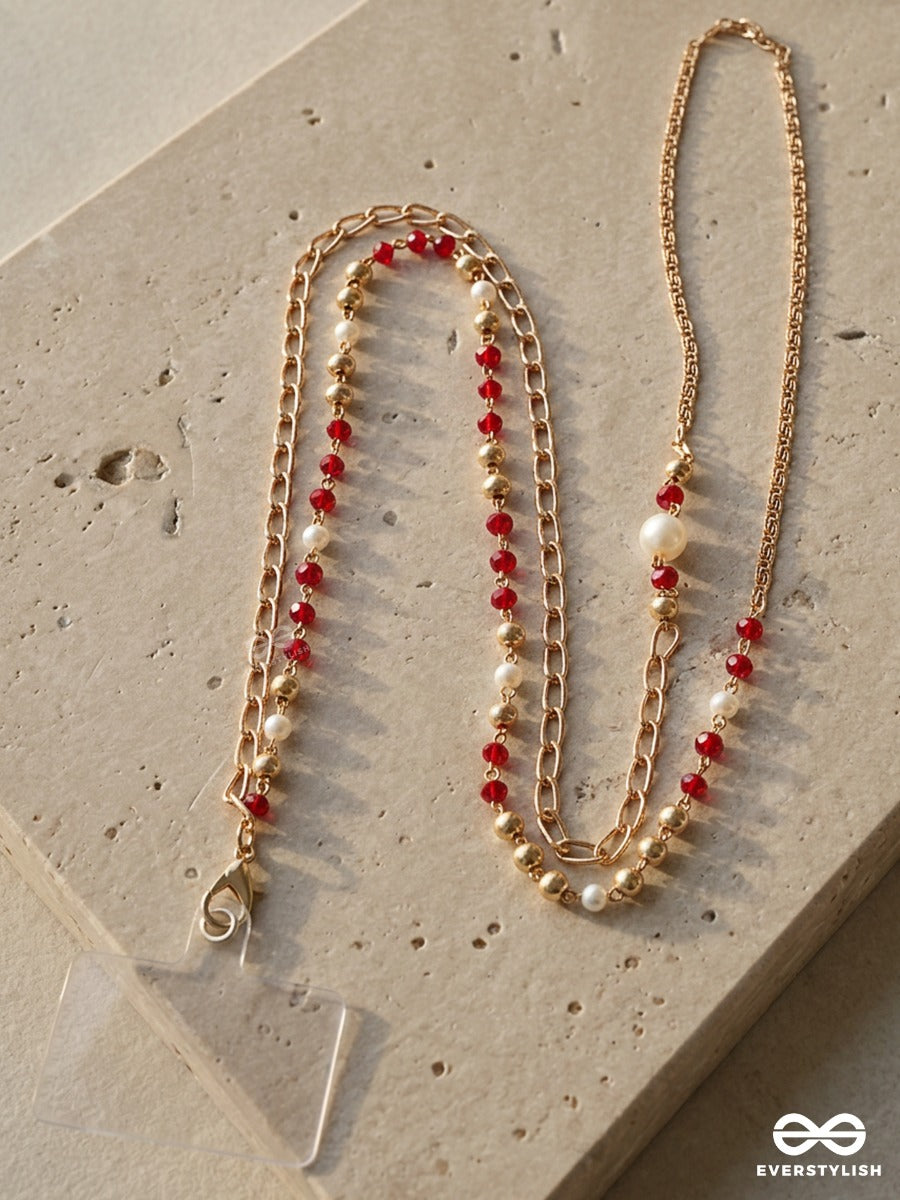 Regal Twine – Gold Chain Phone Sling With Red Crystal Beads And Pearl Accents