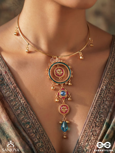Taraprabha – Starlight Radiance – Heritage Hasli Necklace With Hand-Painted Floral Medallion, Meenakari Details And Turquoise Accents