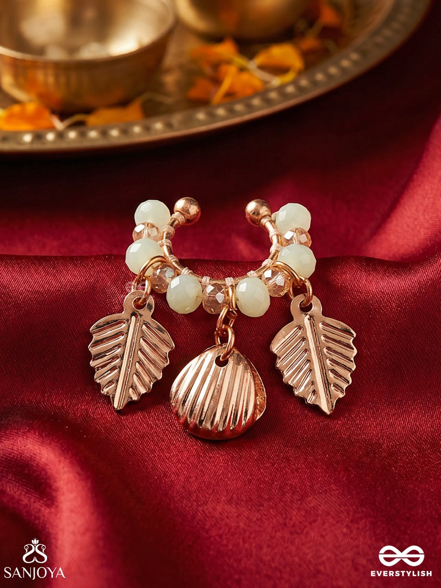Shankhpatra – Shell And Leaf – Ornate Single Earcuff With Soft Mint Beadwork, Gold-Tone Leaf Charms And Delicate Shell Detail