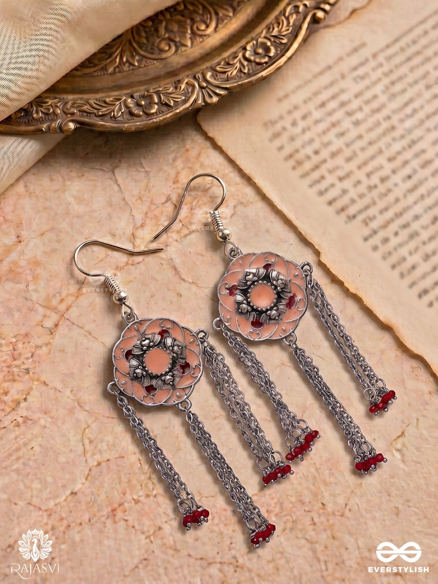 Arunima – Peach Enamel Floral Oxidised Earrings With Chain Tassels And Red Bead Accents