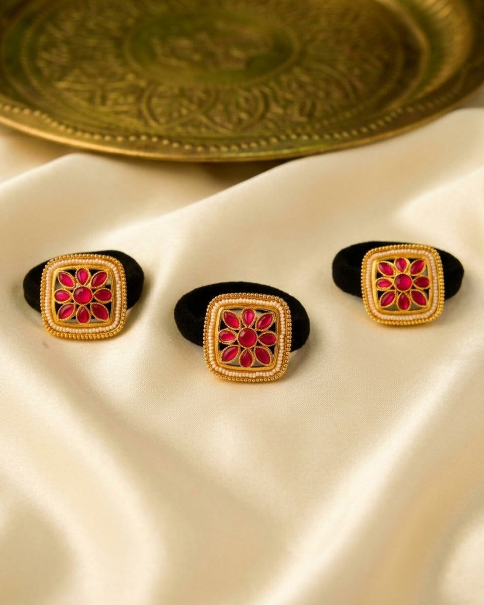 Pushkala - Abundant Beauty - Pack Of 3 Hair Accessories With Pink Floral Kundan-Style Motifs, Pearl Edging And Ornate Golden Details