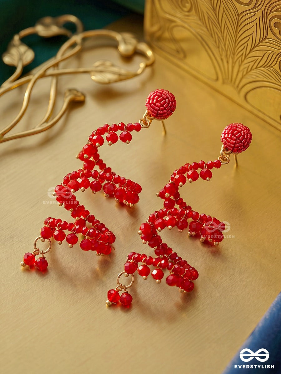 Crimson Petal – Statement Spiral Earring With Faceted Red Beads