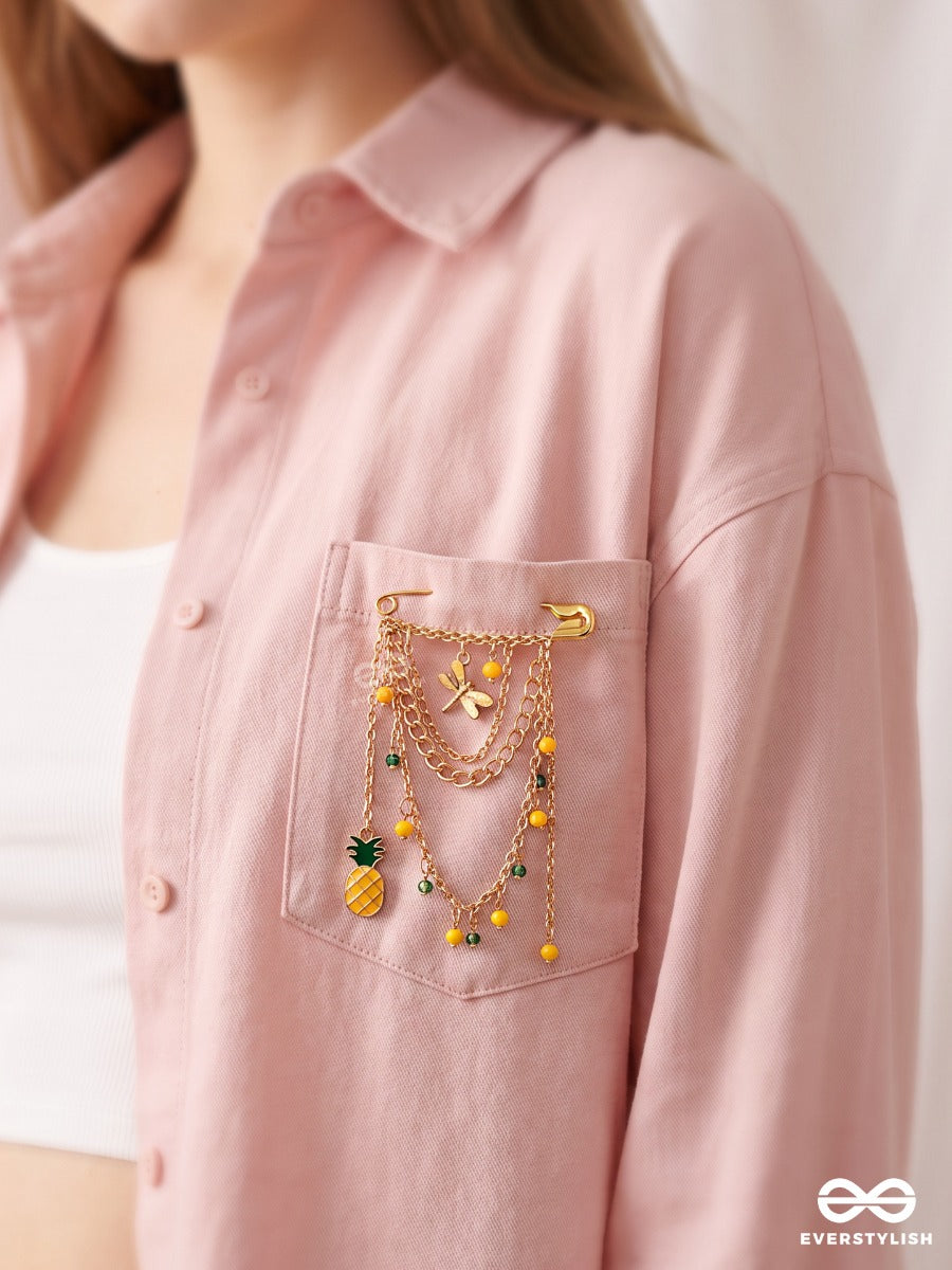 Tropic Twinkle – Gold-Tone Brooch Pin With Pineapple, Dragonfly And Bead Cascade