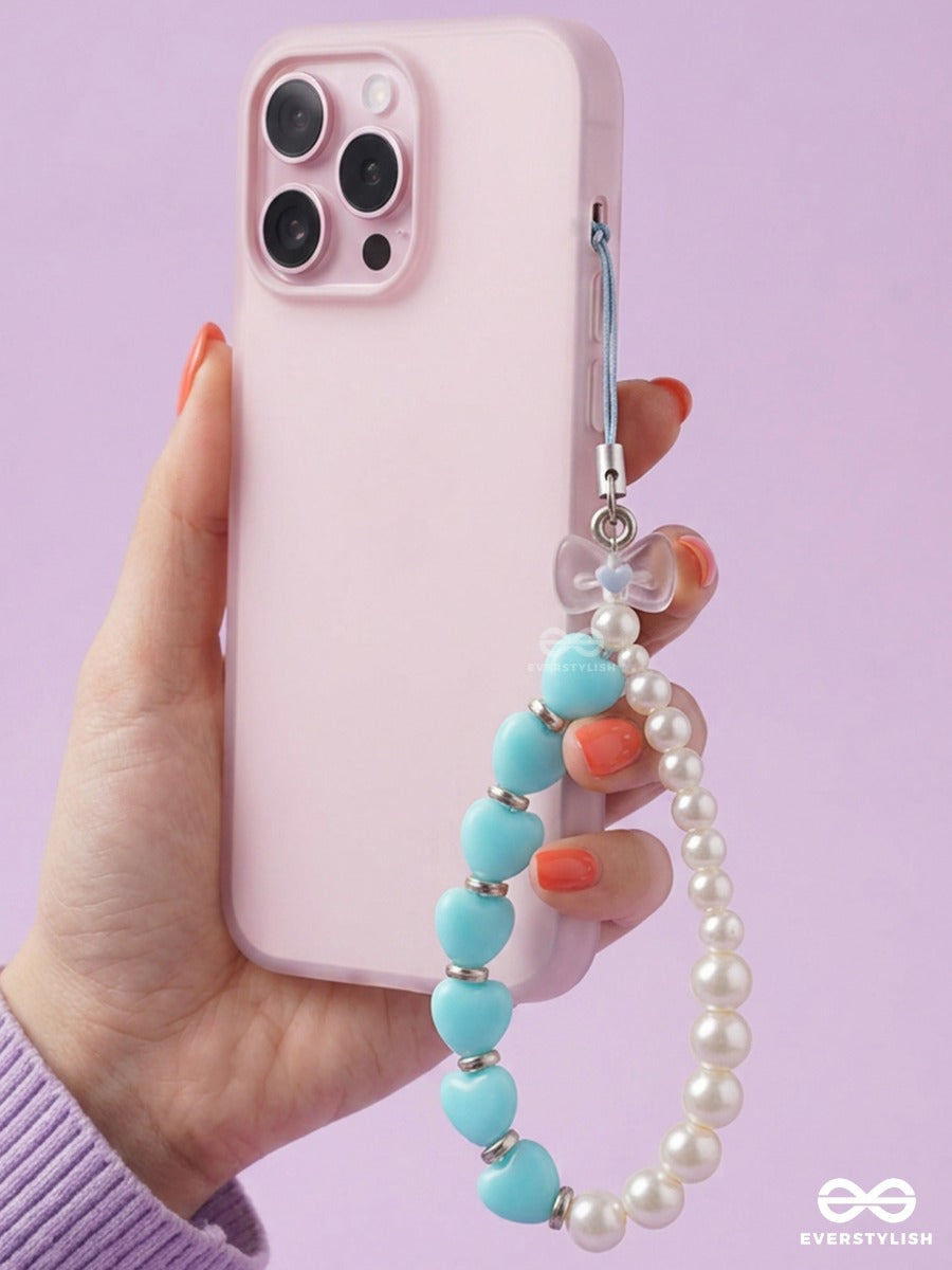 Blue Crush – Pearl Phone Charm With Heart Beads