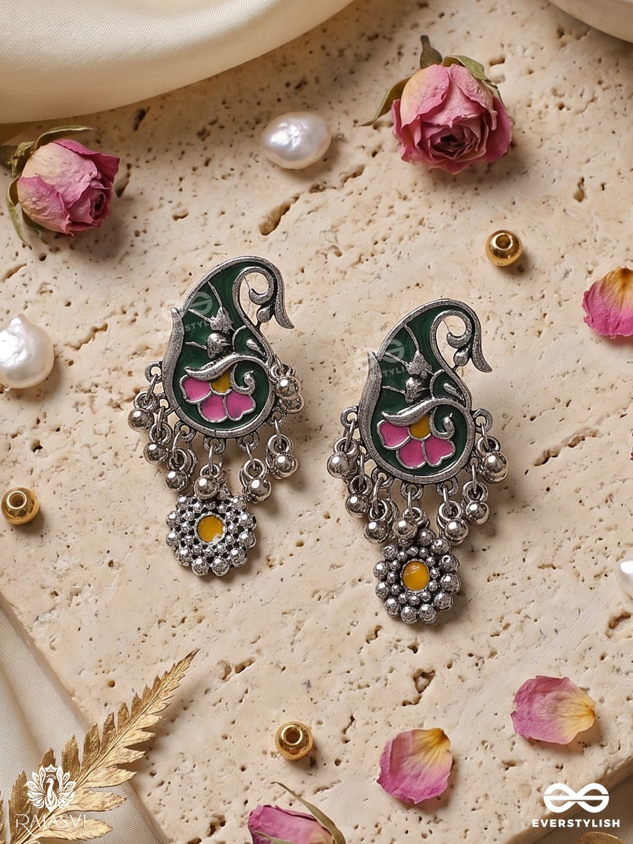 Pankhurika – Oxidised Heritage Enamel Earrings With Green Paisley Motifs, Lotus Details And Floral Danglers