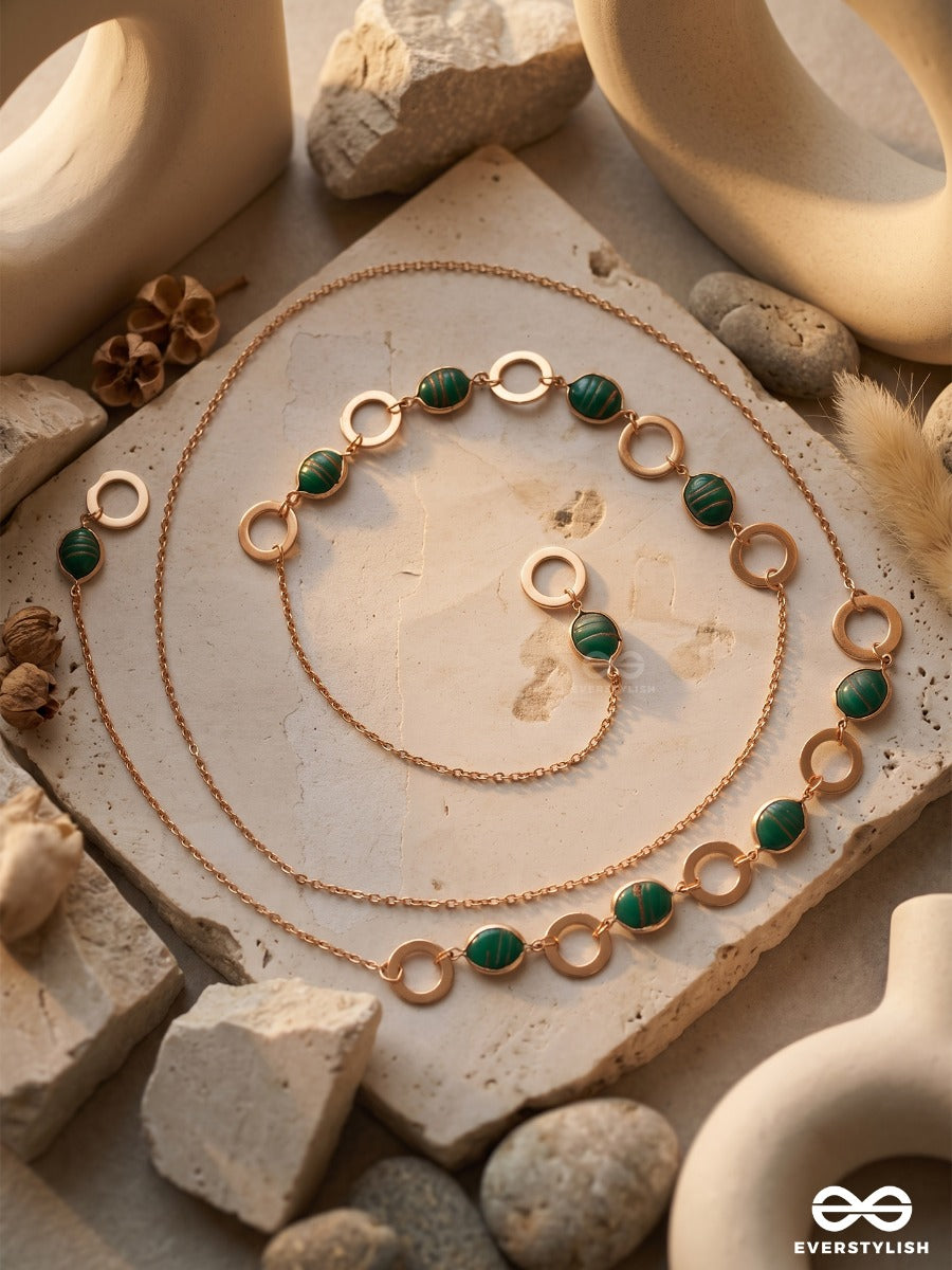 Botanica – Multiway Chain With Emerald Green Stone Beads And Gold Ring Accents That Can Be Styled As Necklace; Scarf-Style Necklace; Waist Chain; Knot Necklace