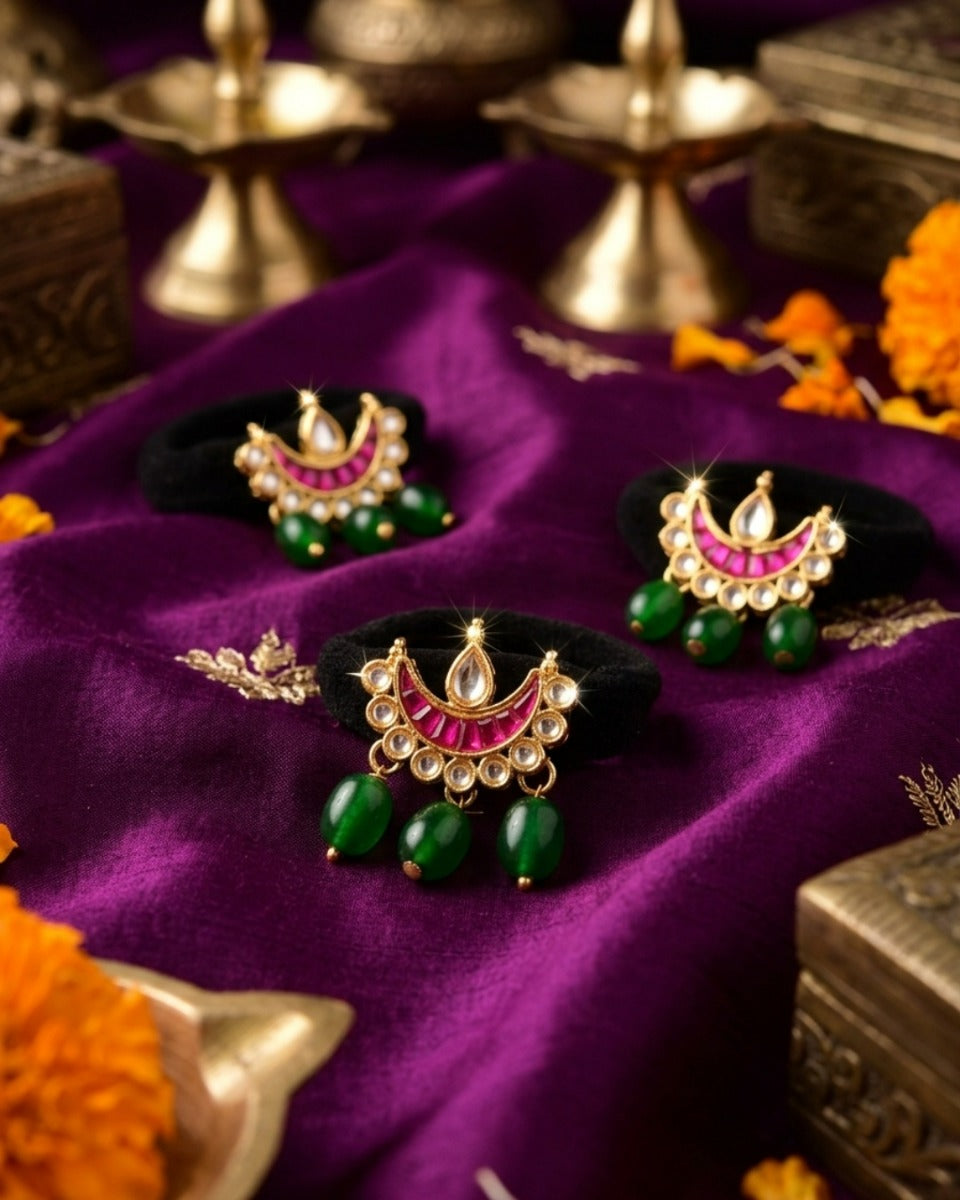 Chaandri - Crescent Charm - Pack Of 3 Hair Accessories With Pink Enamel Crescent Motifs, Kundan-Style Stones, Pearl Details And Green Bead Drops