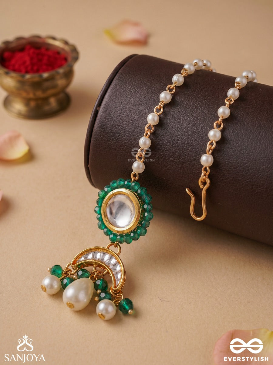 Bhavamrita – Divine Nectar – Heritage Maangtika With Mirror Kundan Centre, Emerald Enamel, Pearl Accents And Crescent Motifs
