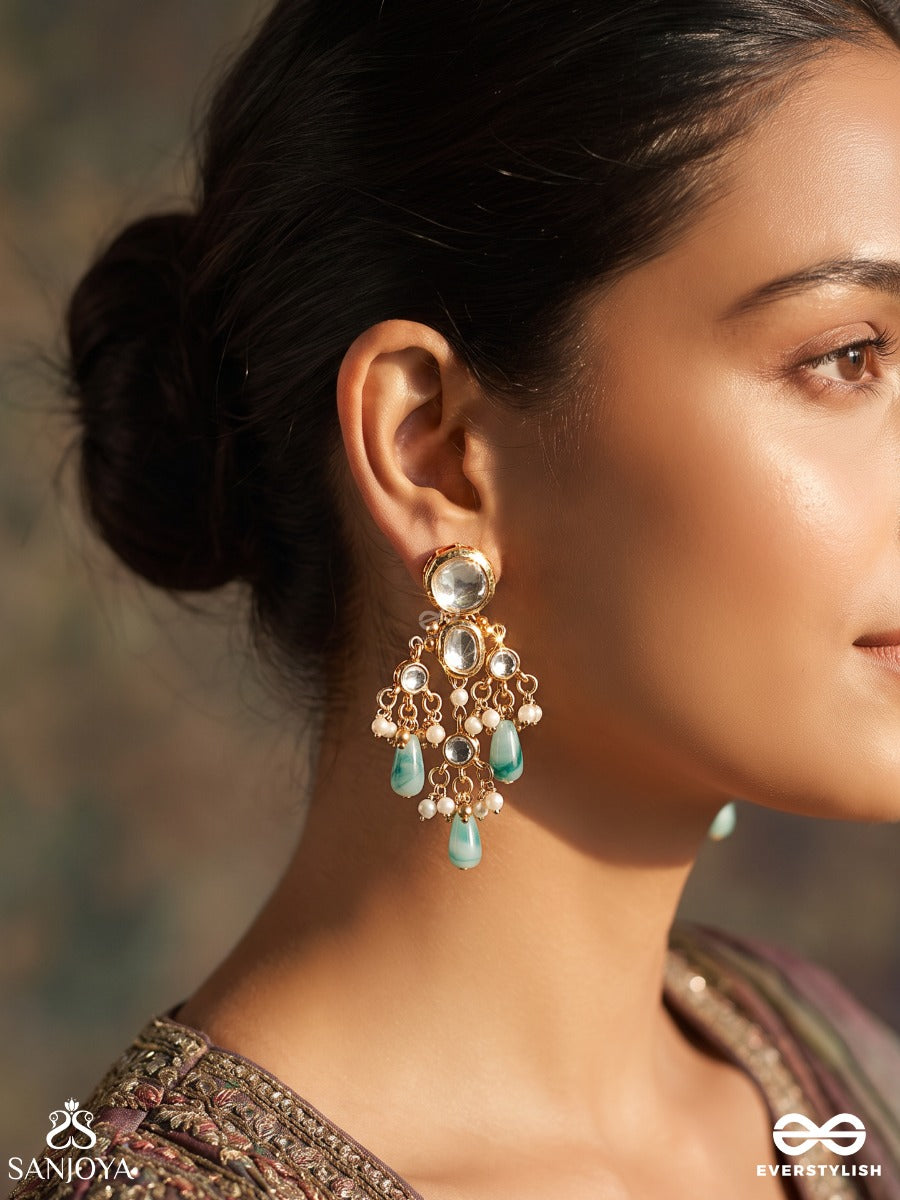 Ratnavali – String Of Gems – Heritage Earrings With Oval Kundan Settings, Pearl Clusters, Aqua Teardrop Danglers And Delicate Golden Filigree
