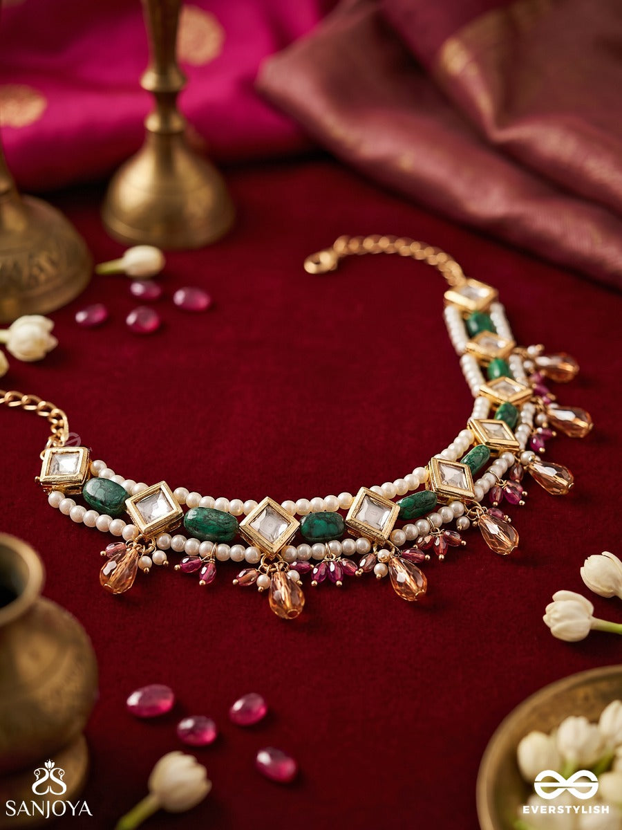 Parnajyoti – Radiant Foliage – Heritage Choker With Emerald Kundan Panels, Pearl Accents And Peach Crystal Drops