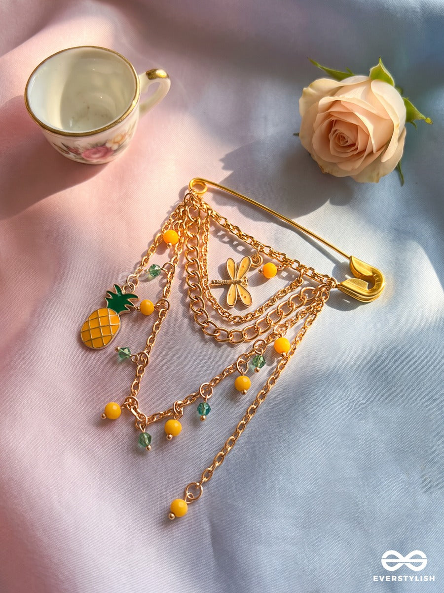 Tropic Twinkle – Gold-Tone Brooch Pin With Pineapple, Dragonfly And Bead Cascade