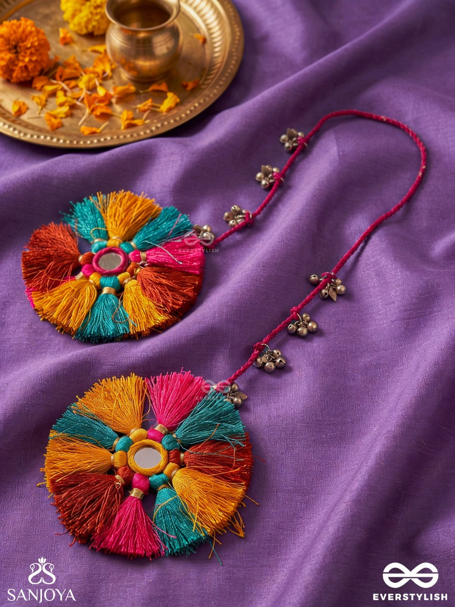 Chitrapankhi – Colourful Wings – Boho Juda Hair Accessory With Multicolour Thread Rosettes, Mirror Work And Ghungroo Charms