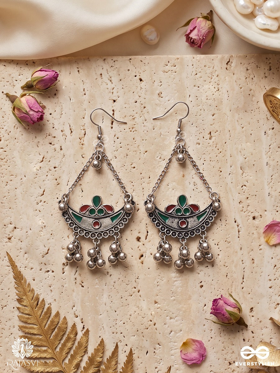 Vrindaja – Oxidised Earrings With Red-Green Floral Accents, Crescent Motifs And Ghungroo Drops