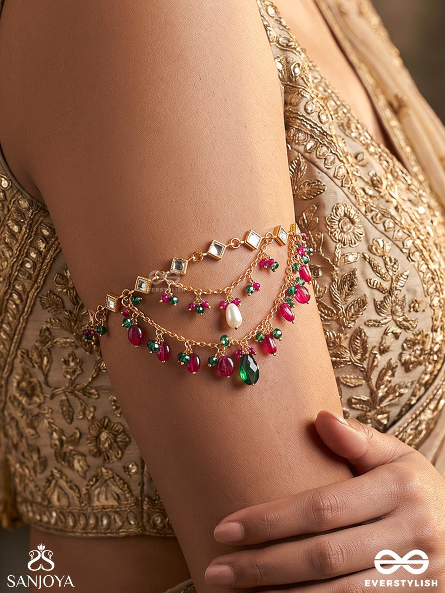Kalyani – Auspicious One – Heritage Armlet (Single) With Kundan Linkwork, Layered Pearl Chains, Pink-Green Bead Drops And Golden Detailing