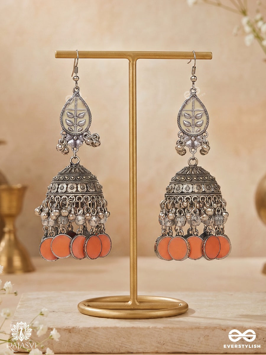 Mohinilekha – Oxidised Jhumka Earrings With Ivory Enamel Motifs, Peach Disc Fringe And Ghungroo Details