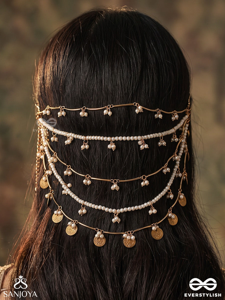Zareenah – Golden Beauty – Multi-Purpose 3-In-1 Layered Chain With Pearl Strands, Floral Clusters And Golden Coin Charms