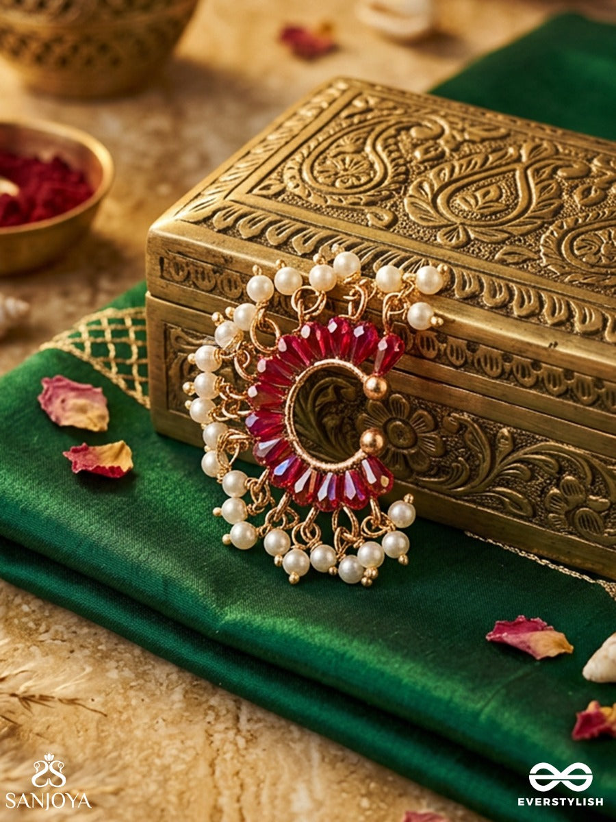 Manikpankhi – Ruby Petals – Ornate Single Earcuff With Deep Pink Stone Arc, Pearl Cluster Detailing And Gold-Tone Dangling Accents