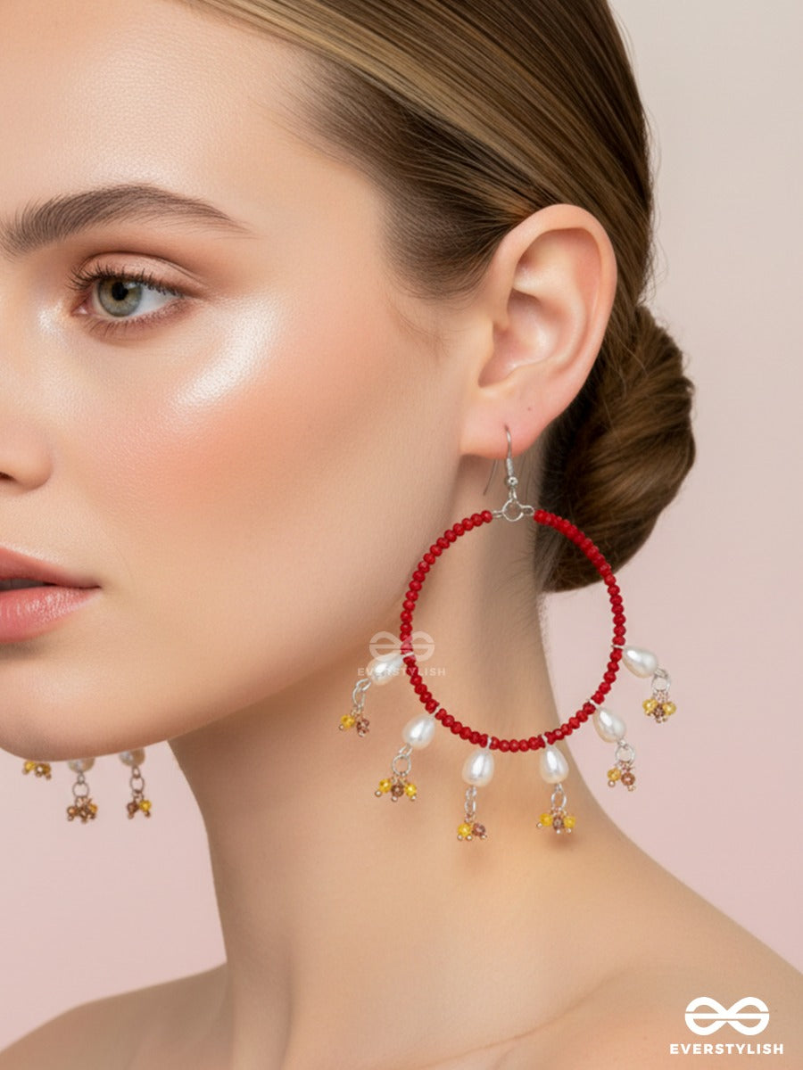 Scarlet Daisy – Red Beaded Hoop Earrings With Pearl And Floral Charms