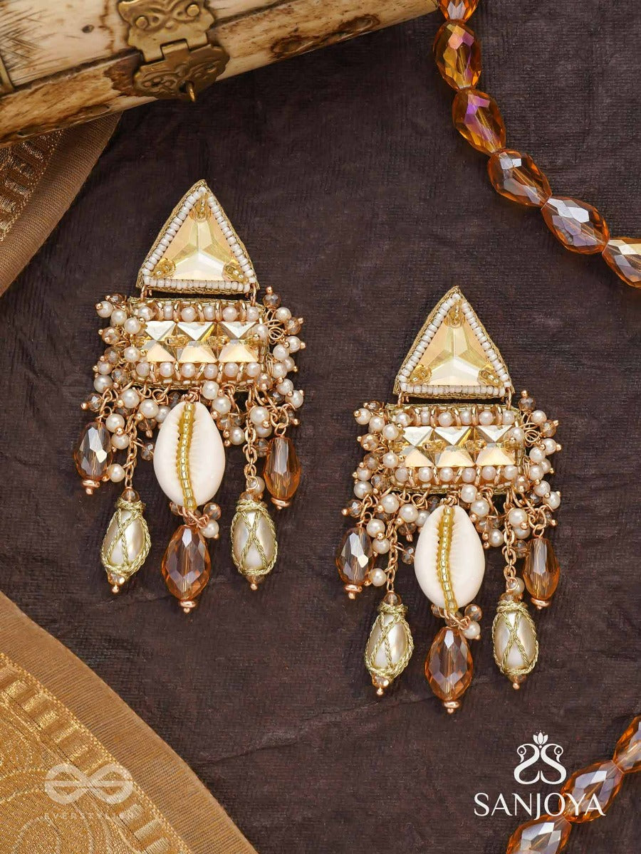 Ruchaka - Coastline Treasures - Beads, Shells And Glass Drop Hand Embroidered Earrings