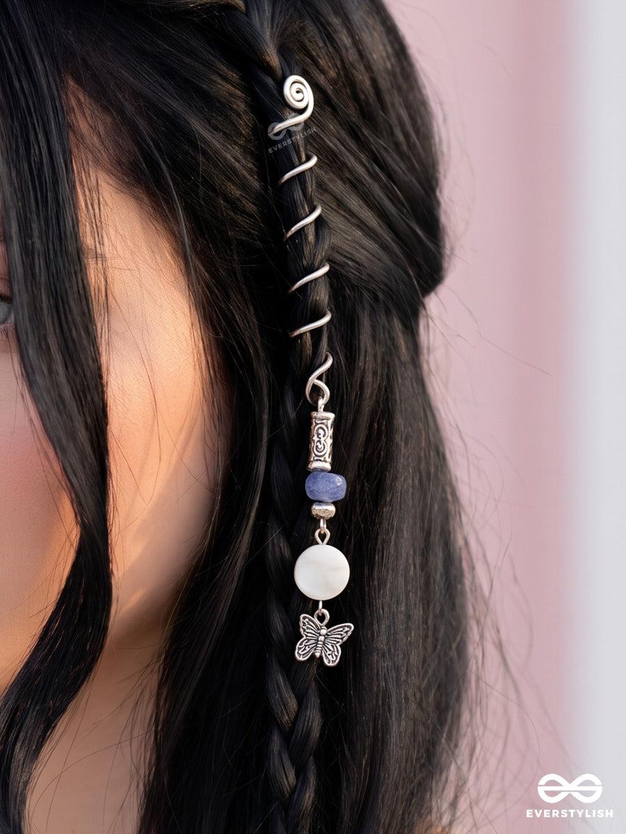 Bluebell Wing – Silver Spiral Braidlet With Blue Beads And Butterfly Charm
