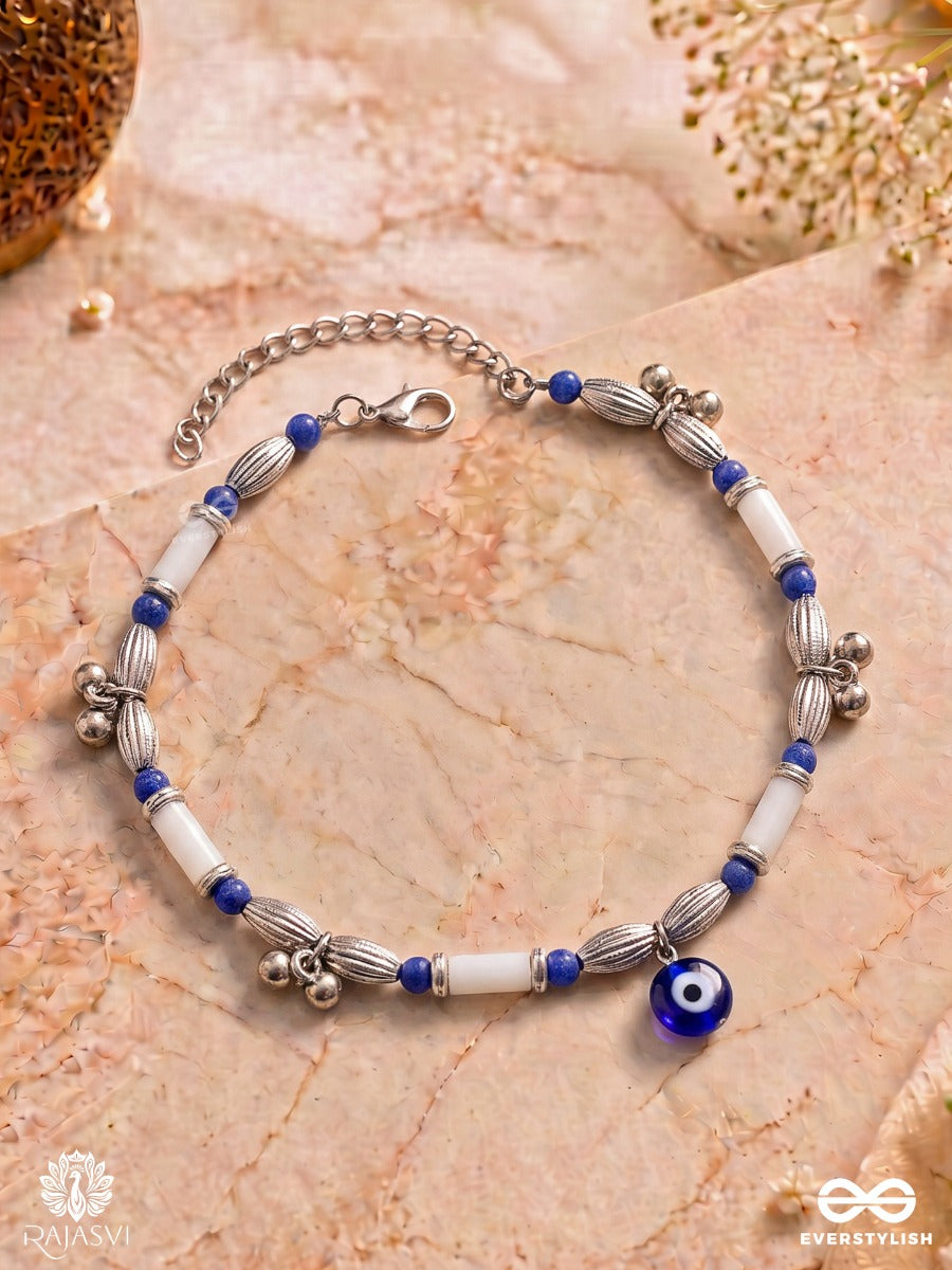Nayanjyoti – Oxidised Anklet (Single) With Evil-Eye Charm, Blue And White Beads