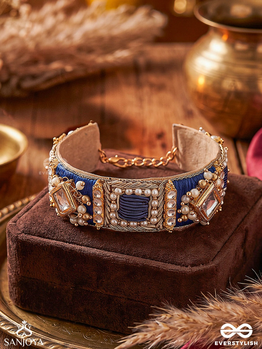 Mayukh – Ray Of Light – Heritage Bangle (Single) With Navy Threadwork, Mirror Kundan Motifs, Pearl Clusters And Handwoven Golden Detailing