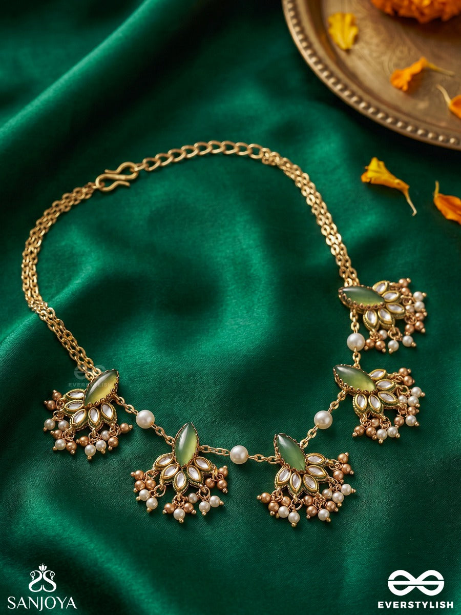 Kshamini - Graceful Lady- Slim Chain Design Kundan Neckpiece With Leaf Design