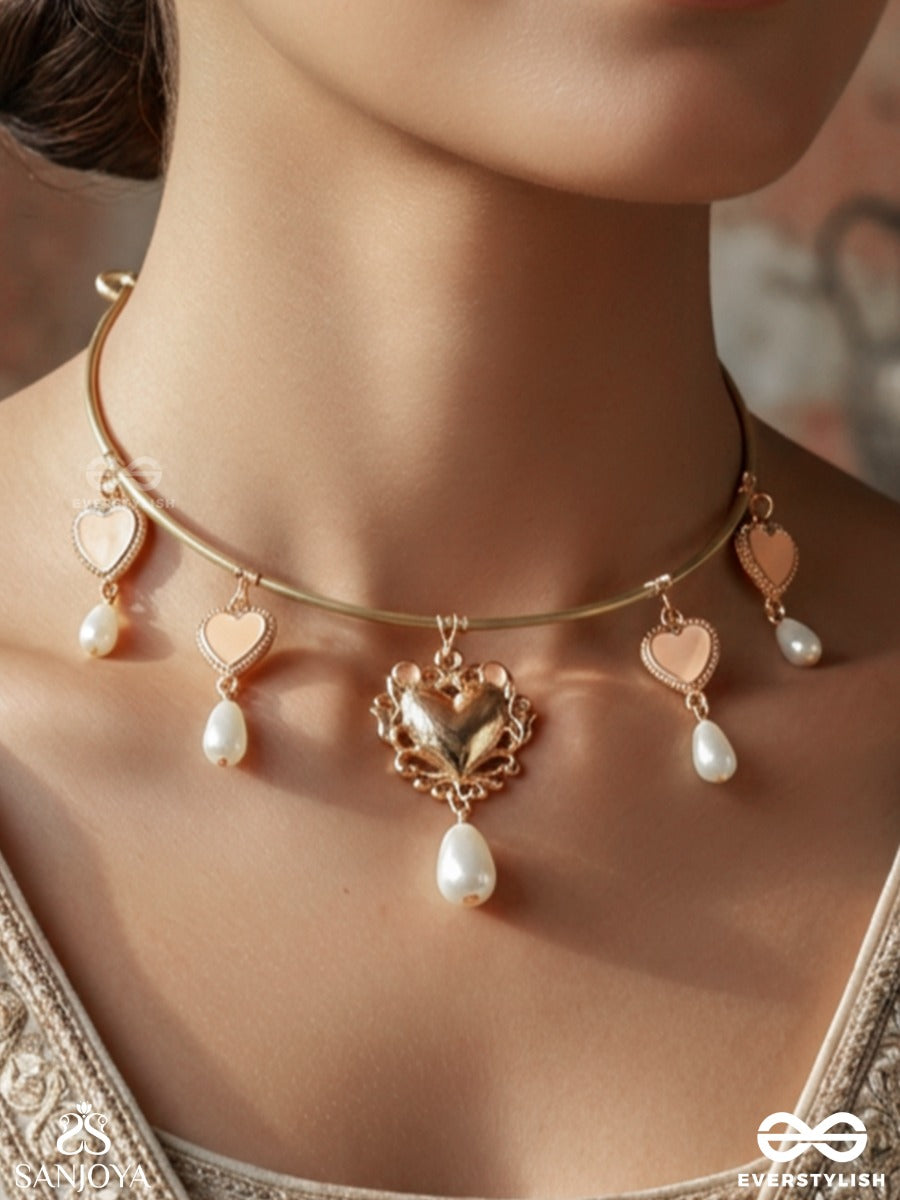 Shyamangi – Grace Of Dusk – Heritage Hasli Necklace With Heart Motifs, Pearl Drops And Floral Kundan Pendant