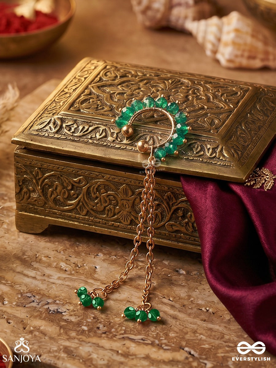 Vanakarni – Forest Ear Adornment – Ornate Single Earcuff With Green Bead Arc, Gold-Tone Chain Linking And Delicate Dangling Bead Accents