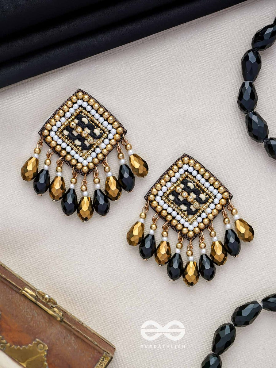 Kamagni - Fire Of Passion - Beads, Resham And Glass Drops Hand Embroidered Earrings (Black & Golden)