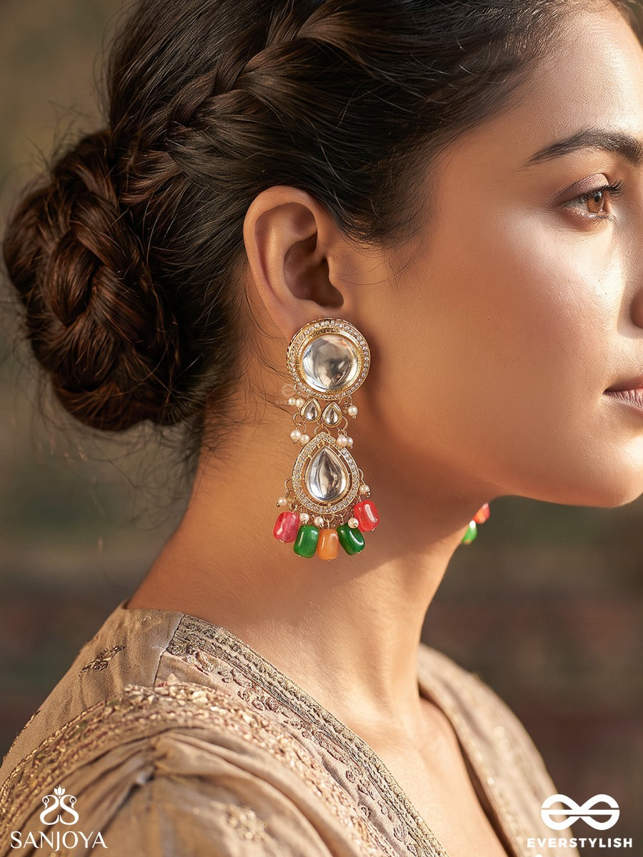 Madhuban – Honey Garden – Heritage Earrings With Mirror Kundan Motifs, Pearl Clusters, Vibrant Pink-Orange-Green Bead Drops And Ornate Golden Filigree