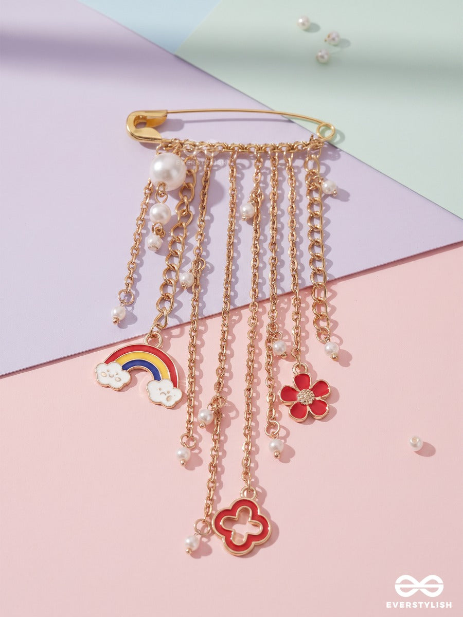 Cloud Charm – Gold-Tone Brooch Pin With Cloud, Heart And Star Charms