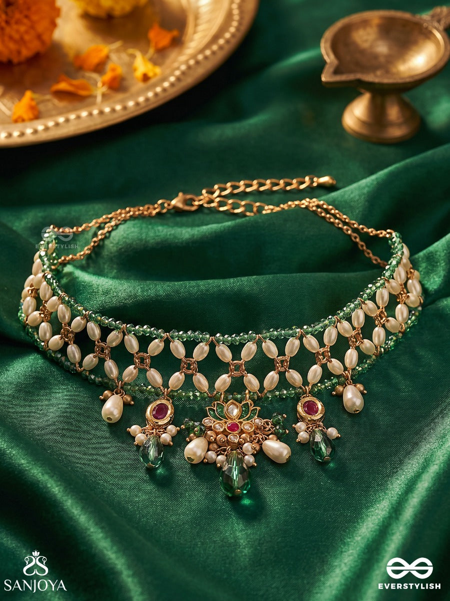 Kadambini – Cluster Of Blooms – Heritage Choker With Mother-Of-Pearl Floral Links, Kundan Details, Emerald Drops And Pearl Charms