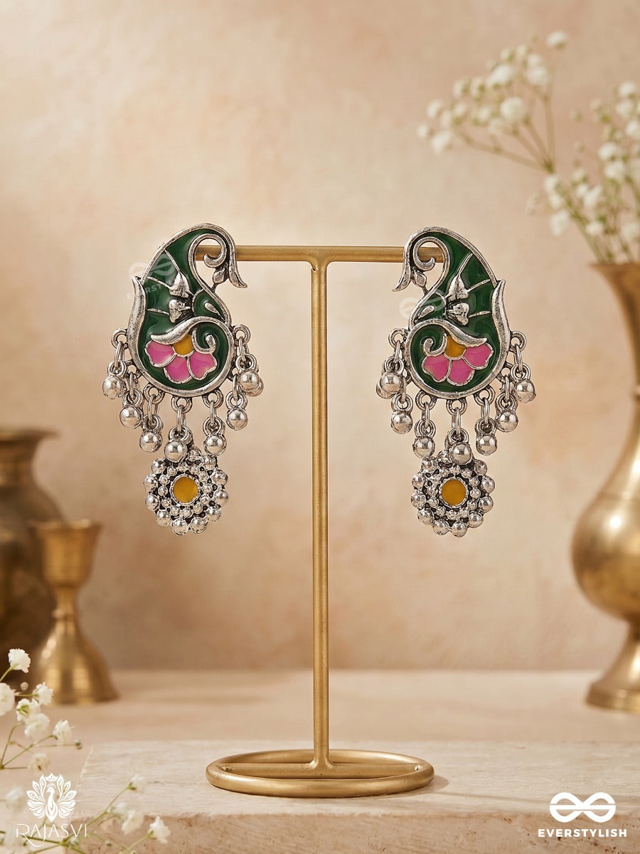 Pankhurika – Oxidised Heritage Enamel Earrings With Green Paisley Motifs, Lotus Details And Floral Danglers