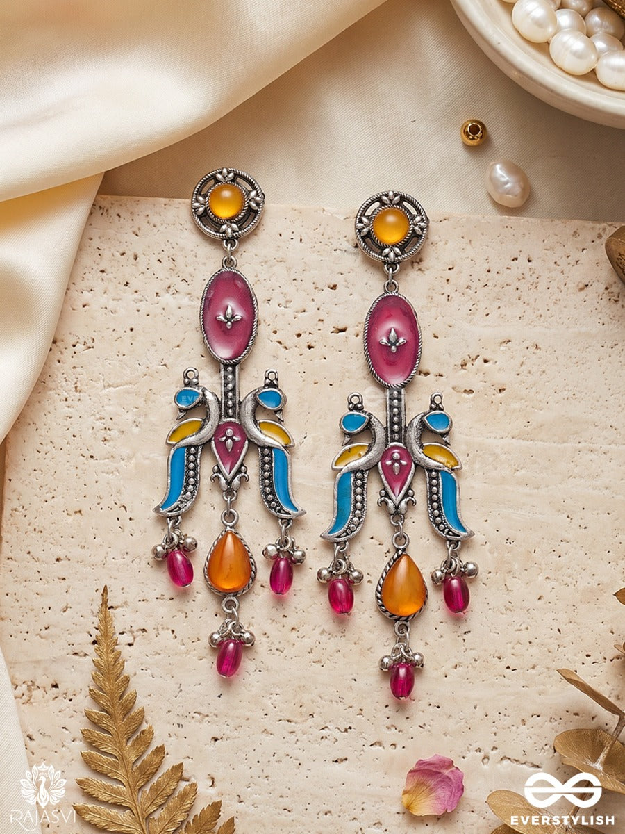 Morlekhika – Oxidised Peacock Earrings With Multicolour Enamel, Teardrop Stones And Ghungroo Drops