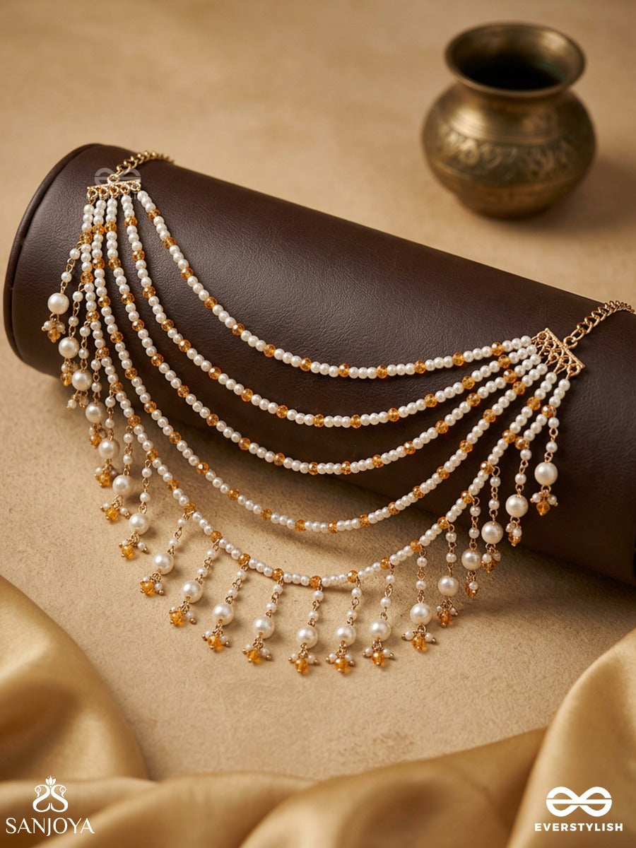 Kinjal – Flower Filament – Multi-Purpose 3-In-1 Layered Chain With Amber Beadwork, Pearl Clusters And Cascading Strands