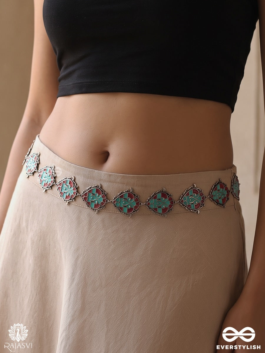 Neelambi – Oxidised Waist Chain With Turquoise Diamond Motifs And Red Accents