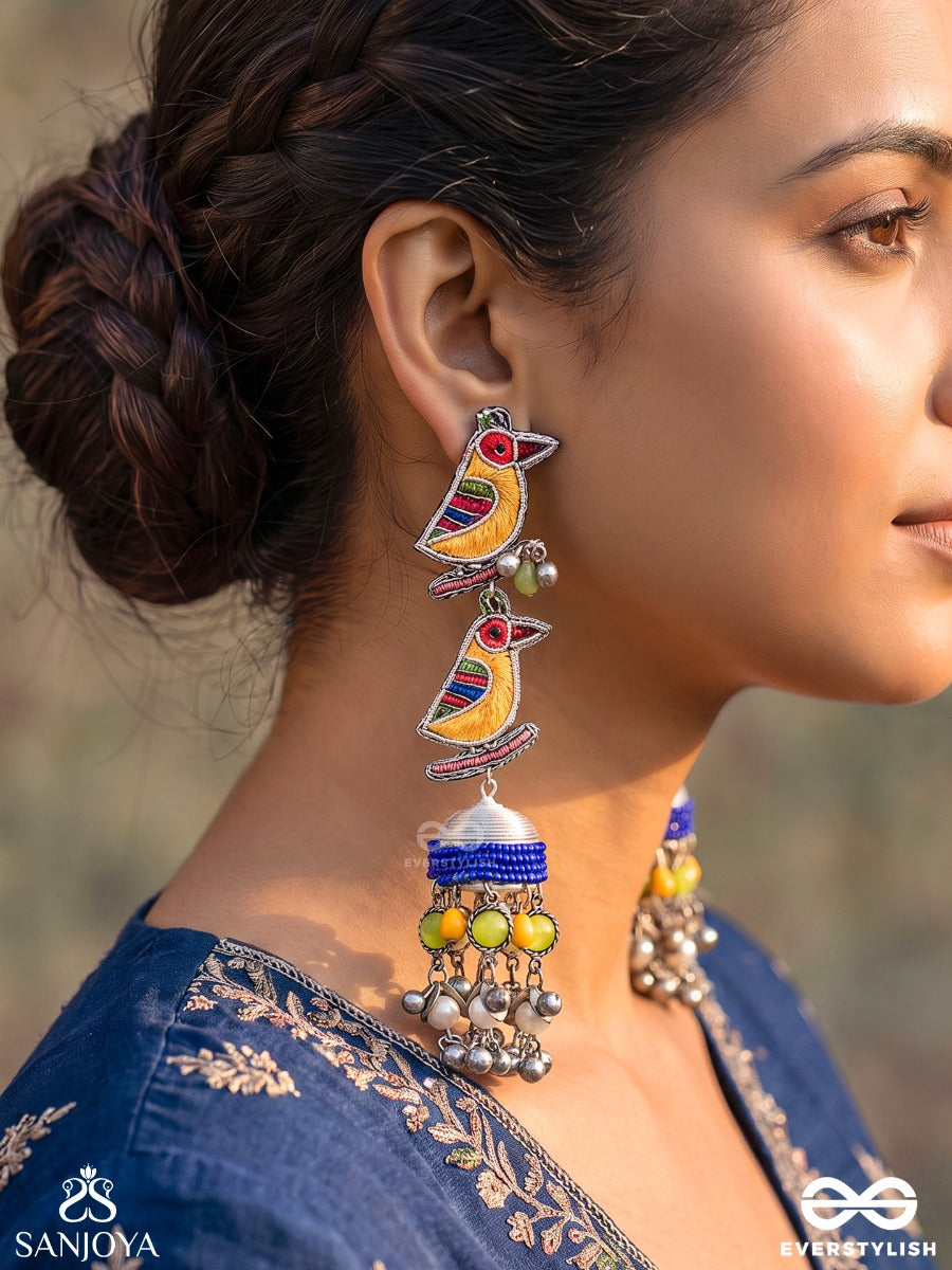 Chakli – Little Sparrow – Navratri Inspired Earrings With Colourful Bird Motifs, Thread-Wrapped Jhumkas, Vibrant Beads And Oxidised Ghungroos