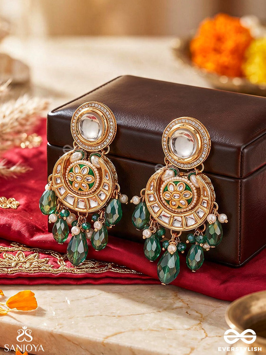 Harinika – Emerald Grace – Heritage Earrings With Mirror Kundan Motifs, Floral Enamel Details, Emerald Teardrop Danglers, Pearl Accents And Delicate Golden Filigree