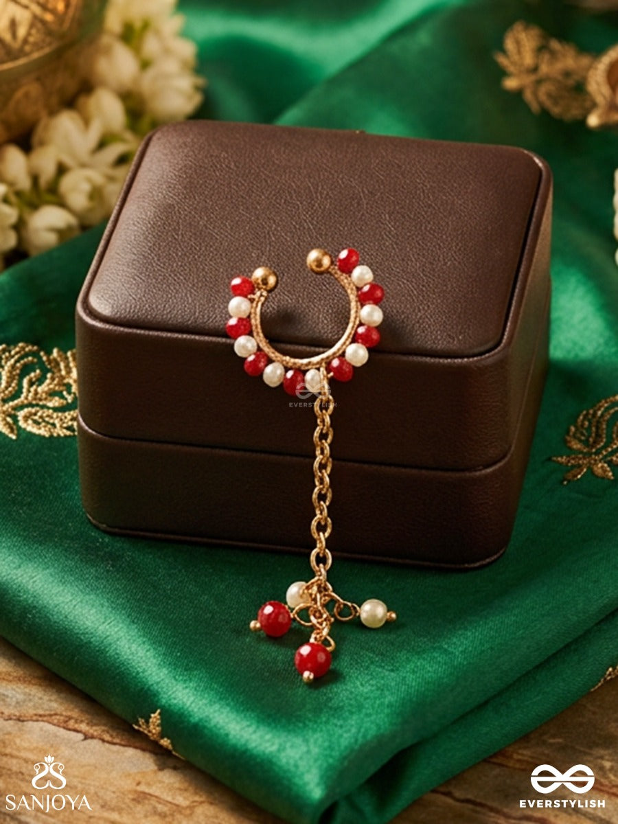 Raktalata – Crimson Creeper – Ornate Single Earcuff With Red Bead-Lined Hoop, Delicate Gold-Tone Chain Link And Dainty Dangling Accents