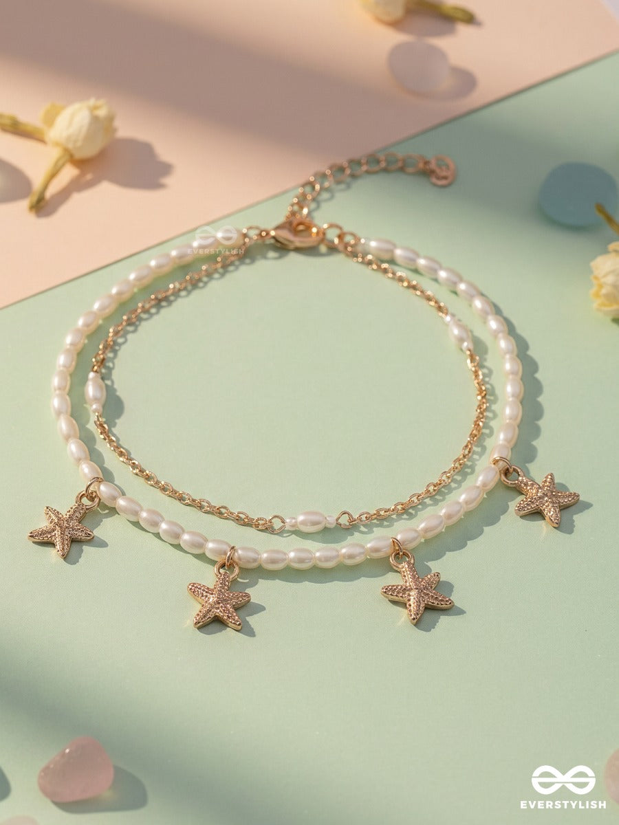 Pearl Starlight – Golden Anklet (Single) With Starfish Charms And Pearl Accents