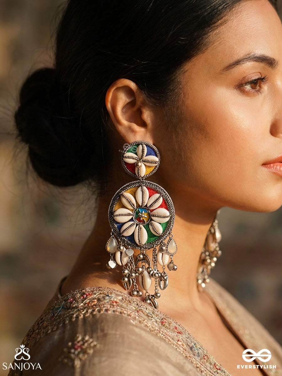Pingakshi – Golden-Eyed – Tribal Statement Earrings With Cowrie Shell Florals, Multicolour Enamel And Oxidised Danglers