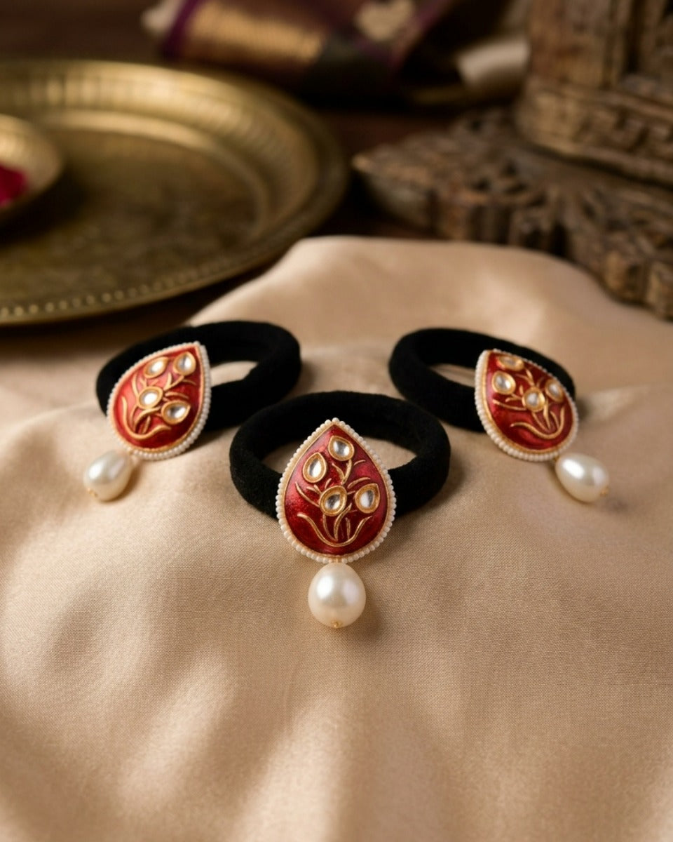 Parnavi - Ornamental Leaf - Pack Of 3 Hair Accessories With Deep Red Enamel Motifs, Kundan-Style Stones, Pearl Edging And Statement Pearl Drops