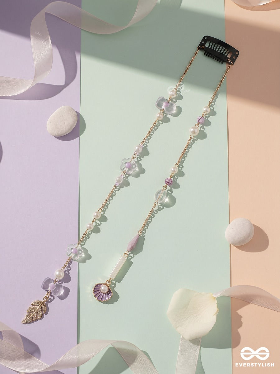 Lagoon Lily – Gold Chain Hair Clip With Pearls, Lavender Flowers And Shell Charms