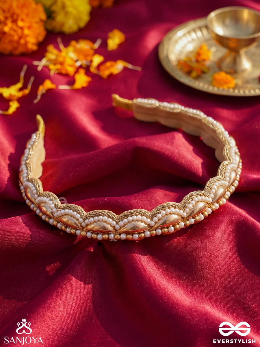 Punarnava – Ever-Renewing – Heritage Hair Band With Shell Embellishments, Pearl Rows And Ornamental Borders