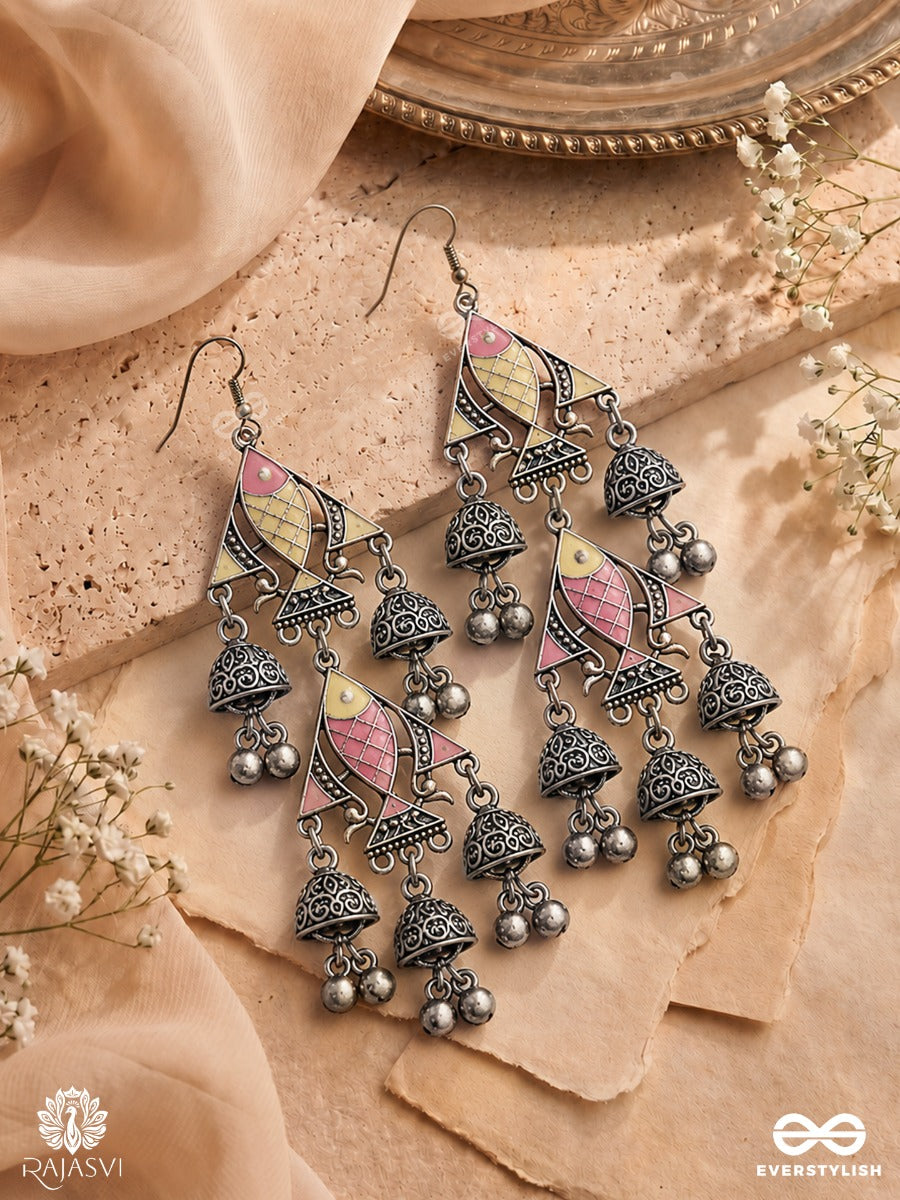 Chitrali – Oxidised Earrings With Pastel Enamel Details, Jhumki Charms And Ghungroo Drops