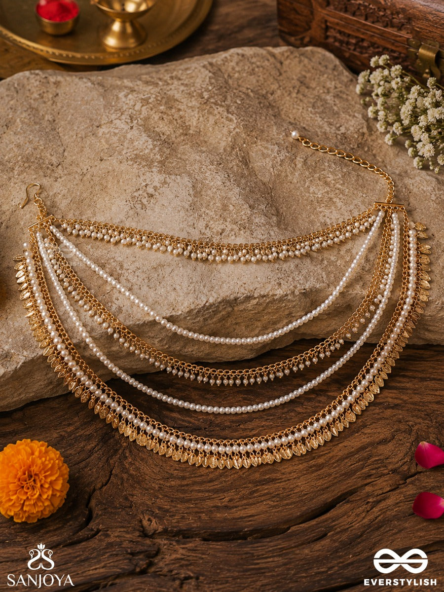 Kashvi – Shining Beauty – Multi-Purpose 3-In-1 Layered Chain With Cascading Pearl Strands, Golden Links And Delicate Drop Accents