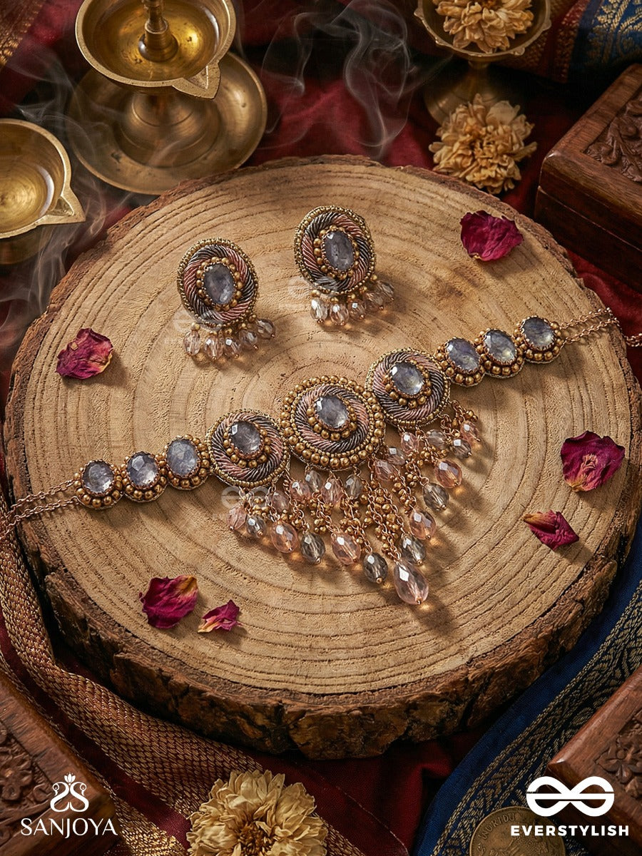 Bijaksara - The Secret Spell - Stones, Beads And Glass Drops Hand Embroidered Set With Choker Neckpiece & Earrings
