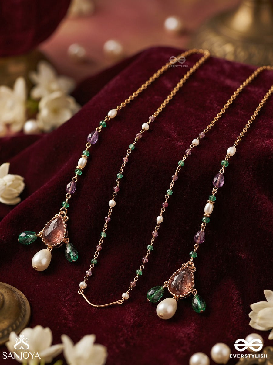 Vanmukhi – Forest-Faced Grace – Elegant Face Let With Green Bead Strands, Floral Side Motifs, Pearl Accents And Delicate Gold-Tone Chains